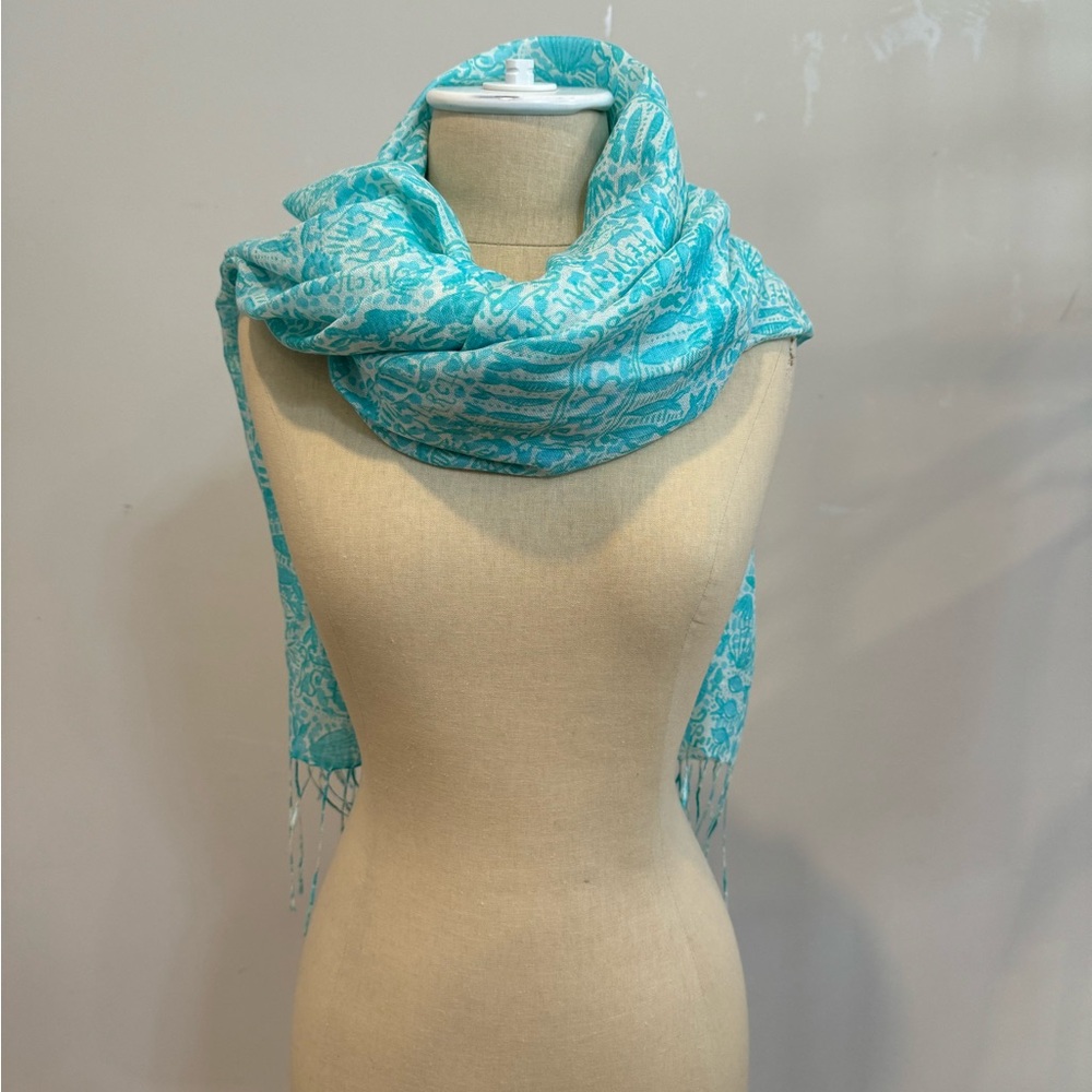 Lilly Pulitzer Silk and Cashmere Teal and Cream Patterned Scarf. Never used.